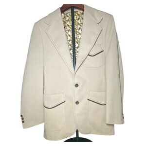Vintage Beige Textured Mens Blazer 70's Geometric Lining & Dark Trim Retro Disco